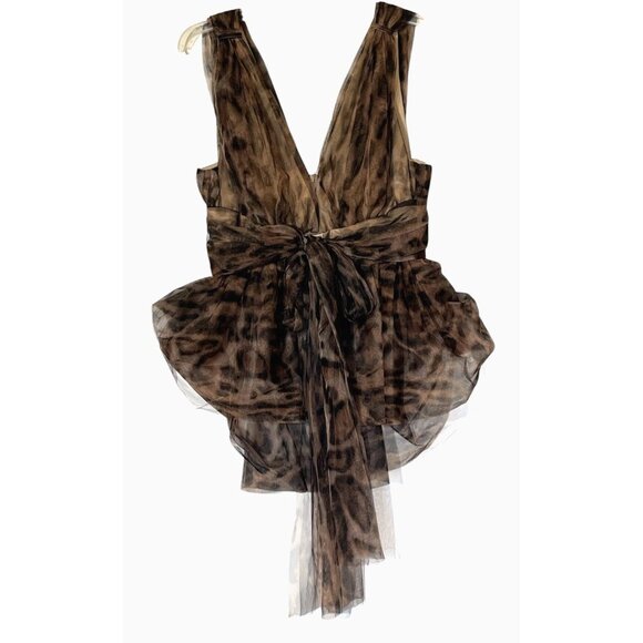 DONNEE PAR DIEU Animal Organza Sleeveless V-Neck Peplum Bow Tie Blouse Top - Picture 2 of 7